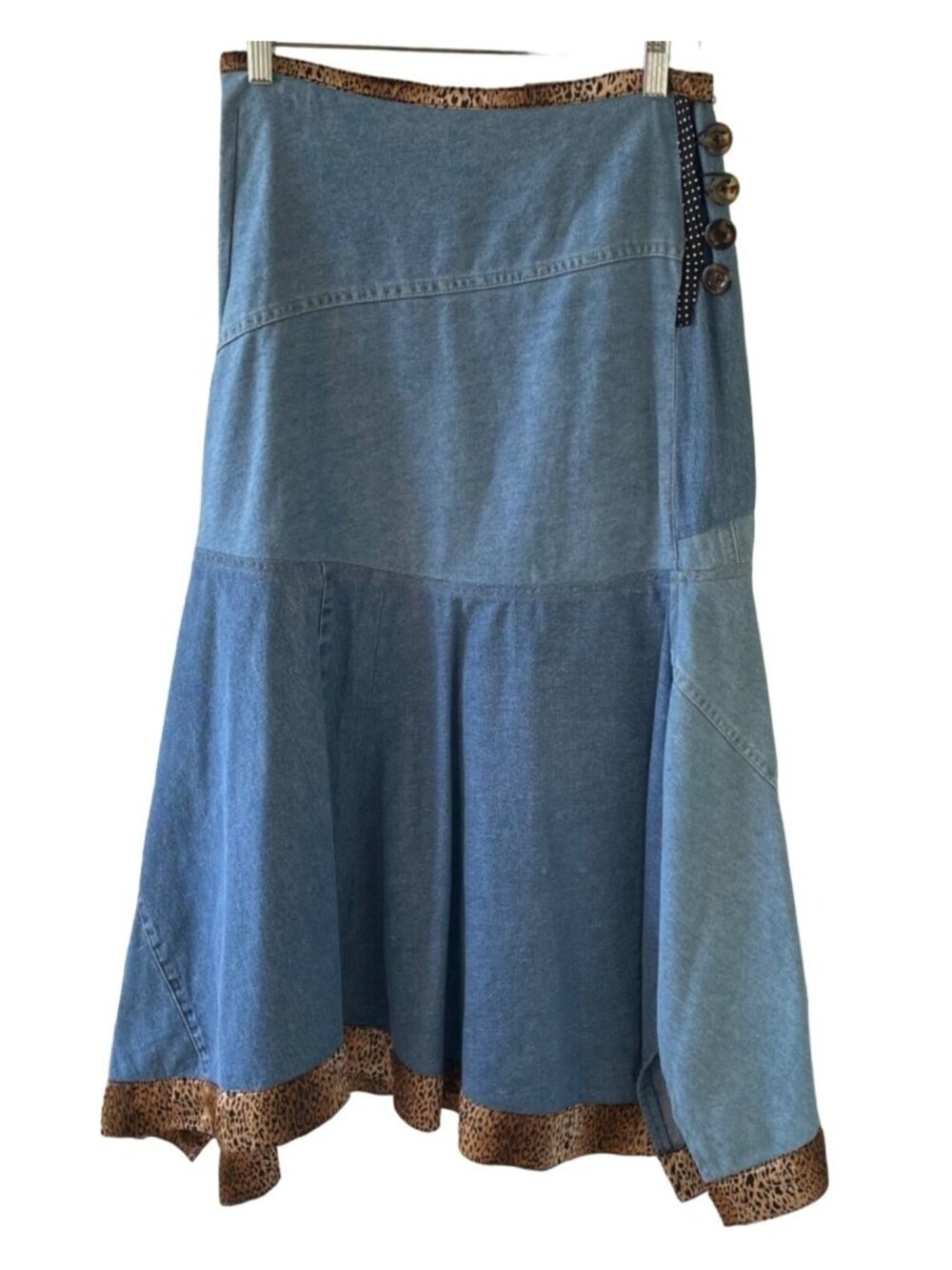Womens One of a Kind Designer Made Denim Skirt with Leopard Print Trim Sz 2 - Picture 11 of 11